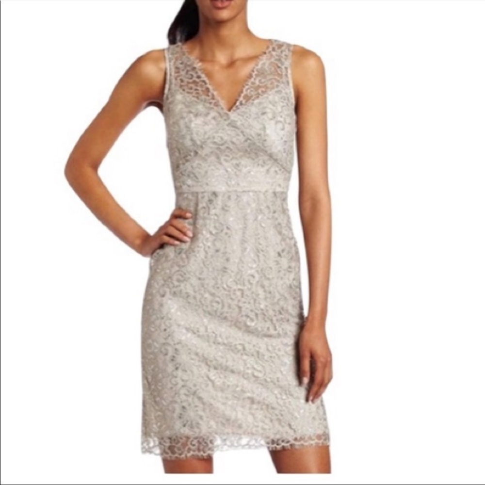 BCBGMAXARIA LYNNETTE LACE SILVER OVERLAY SHEATH DRESS SIZE 4